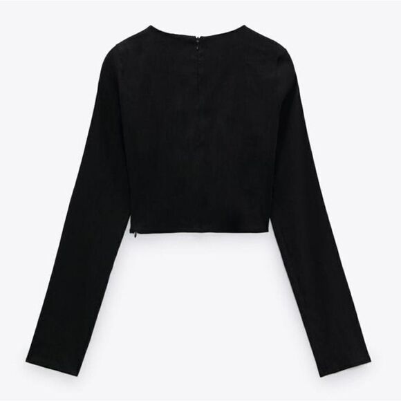 Rare Zara Metal Loop Linen Black Long Sleeve Crop Top - Picture 3 of 12
